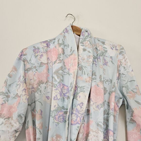 Vtg Miss Elaine Floral Robe Womens L Pastel Belted Fleece Lined Pockets Cottage - Picture 2 of 9